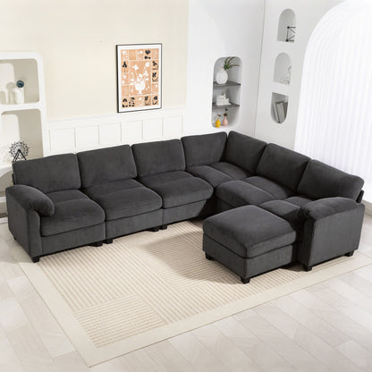 U-Shaped Corner Sofa, 292 x 224 cm (115" x 88") Sectional — Cord Fabric, Pocket-Sprung Cushions, Thick Padded Arms, Removable Ottoman, Sleeper Sofa, Dark Gray