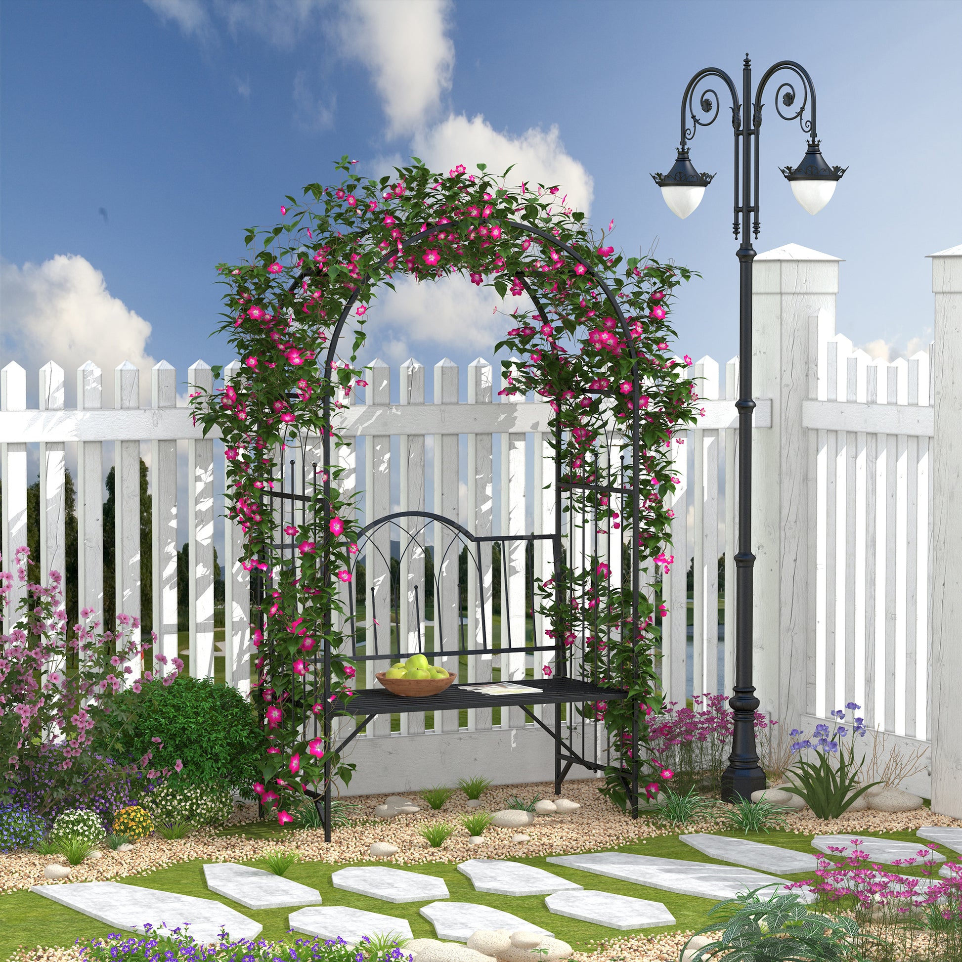 Metal Rose Arch Climbing Plant Support Garden Arch with Bench Top Arch Arbor Climbing Arch for Roses Arch Trellis Rose Support for Garden 115 x 59 x 203 cm Black