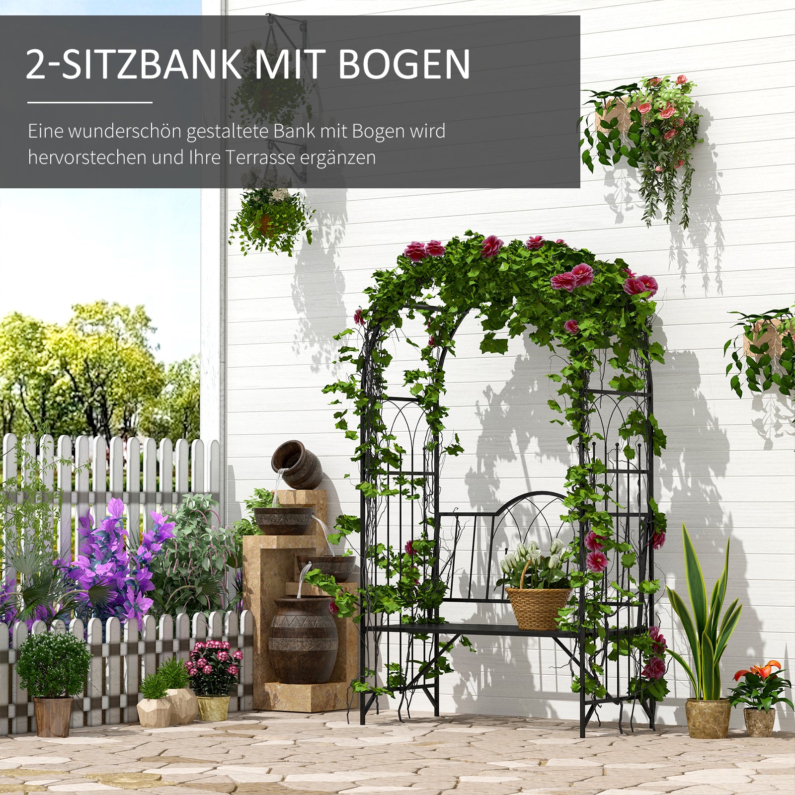 Metal Rose Arch Climbing Plant Support Garden Arch with Bench Top Arch Arbor Climbing Arch for Roses Arch Trellis Rose Support for Garden 115 x 59 x 203 cm Black
