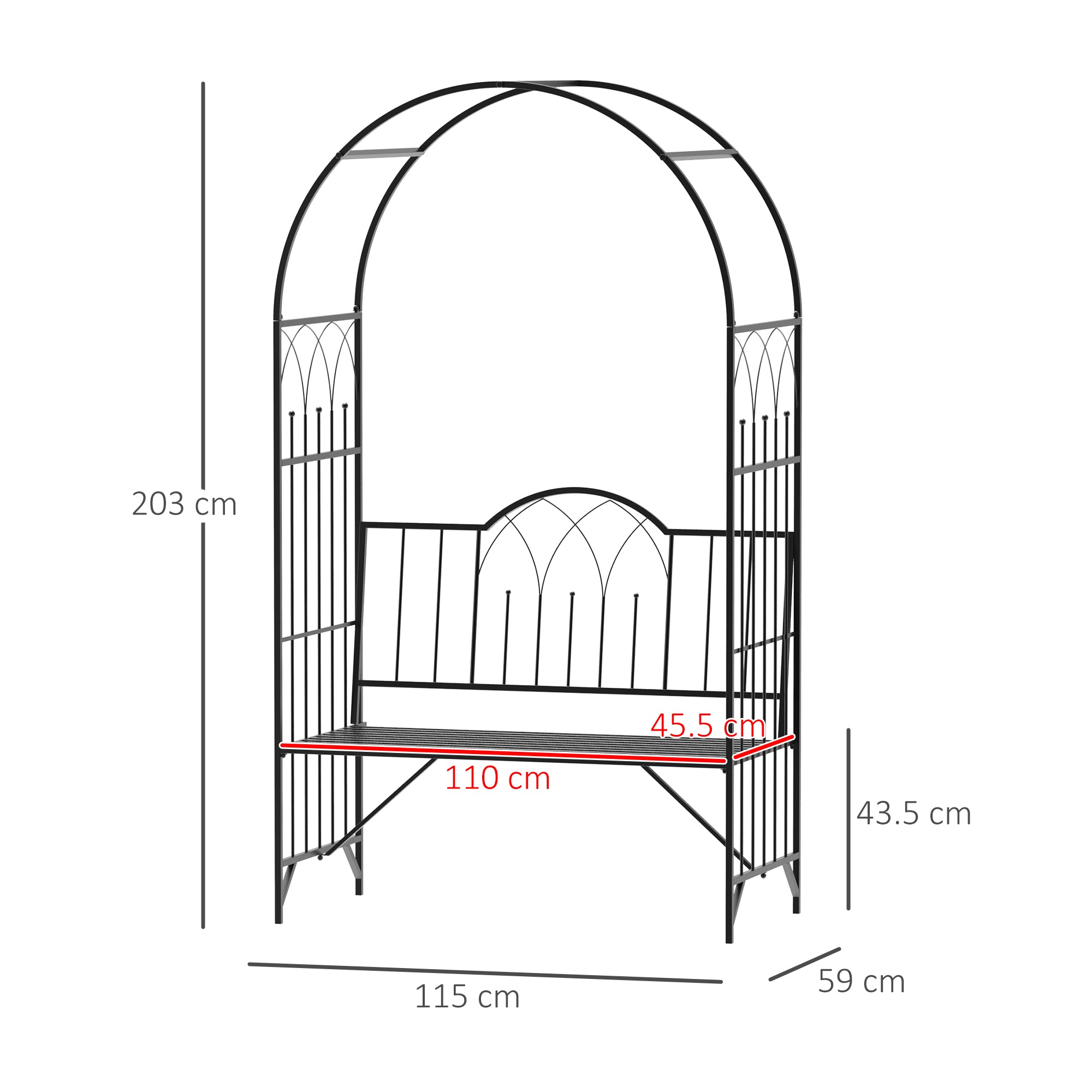 Metal Rose Arch Climbing Plant Support Garden Arch with Bench Top Arch Arbor Climbing Arch for Roses Arch Trellis Rose Support for Garden 115 x 59 x 203 cm Black