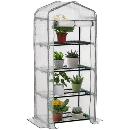 Mini Greenhouse with Shelves, PVC Cover & Roll-Up Door — Winter-Proof Tomato House for Balcony & Garden, 70 x 50 x 160 cm (28 x 20 x 63 in) — White