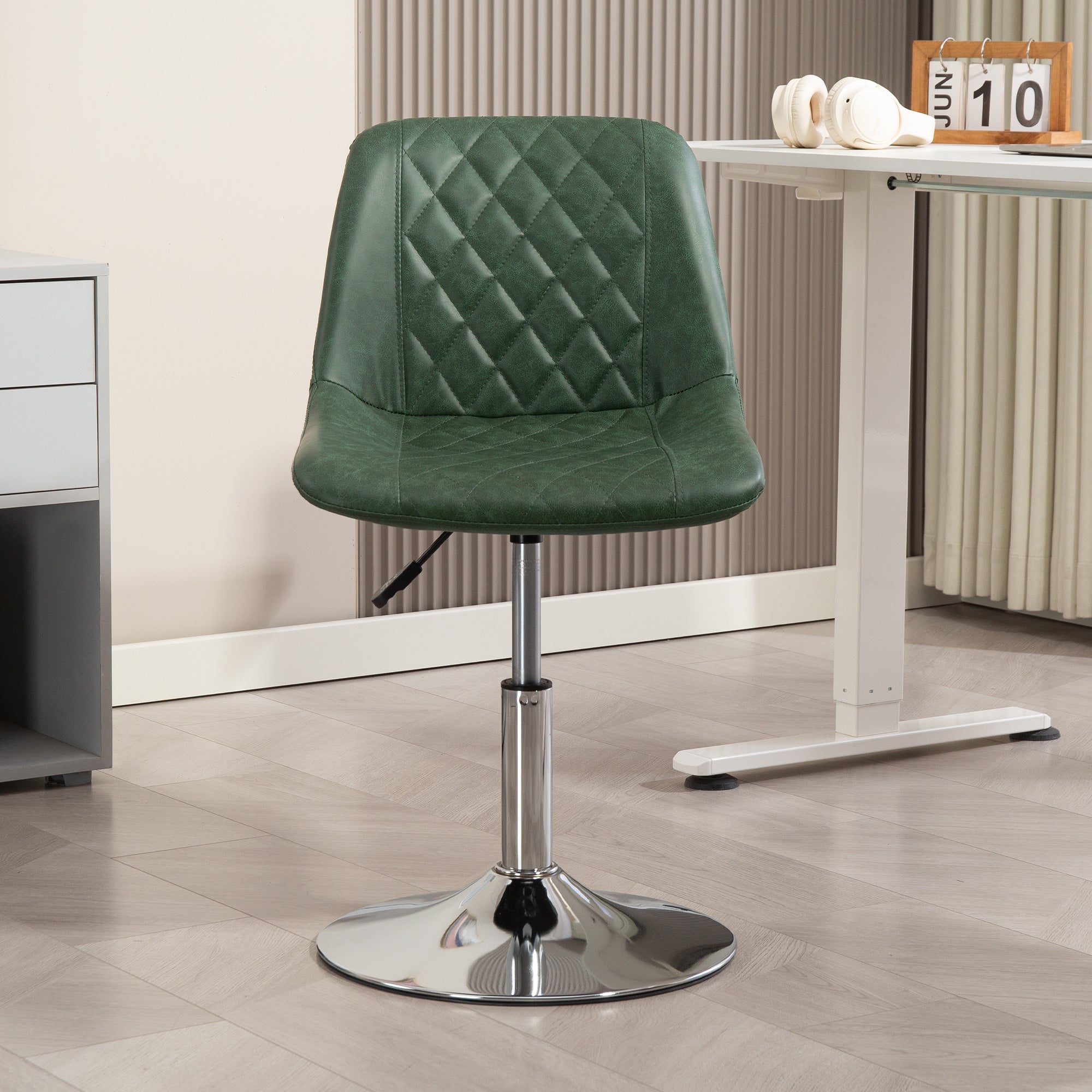 Armless Office Chair without Wheels, Swivel Desk Chair with Steel Base, Adjustable Height, Ergonomic Faux Leather Chair, Green