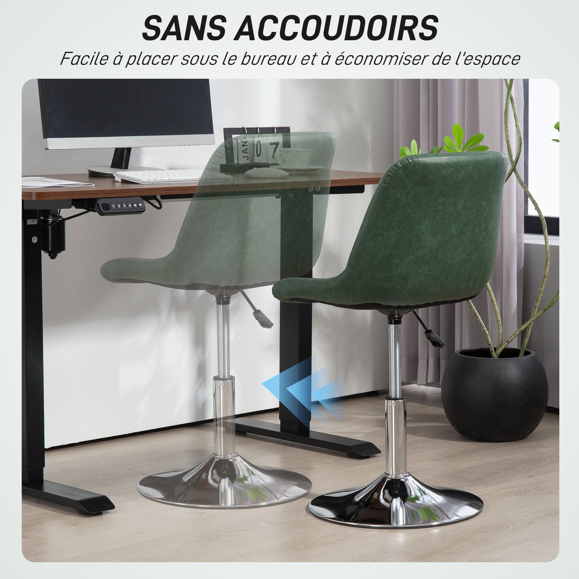 Armless Office Chair without Wheels, Swivel Desk Chair with Steel Base, Adjustable Height, Ergonomic Faux Leather Chair, Green