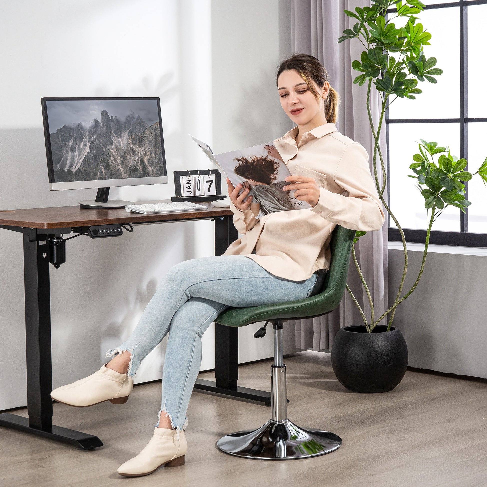 Armless Office Chair without Wheels, Swivel Desk Chair with Steel Base, Adjustable Height, Ergonomic Faux Leather Chair, Green