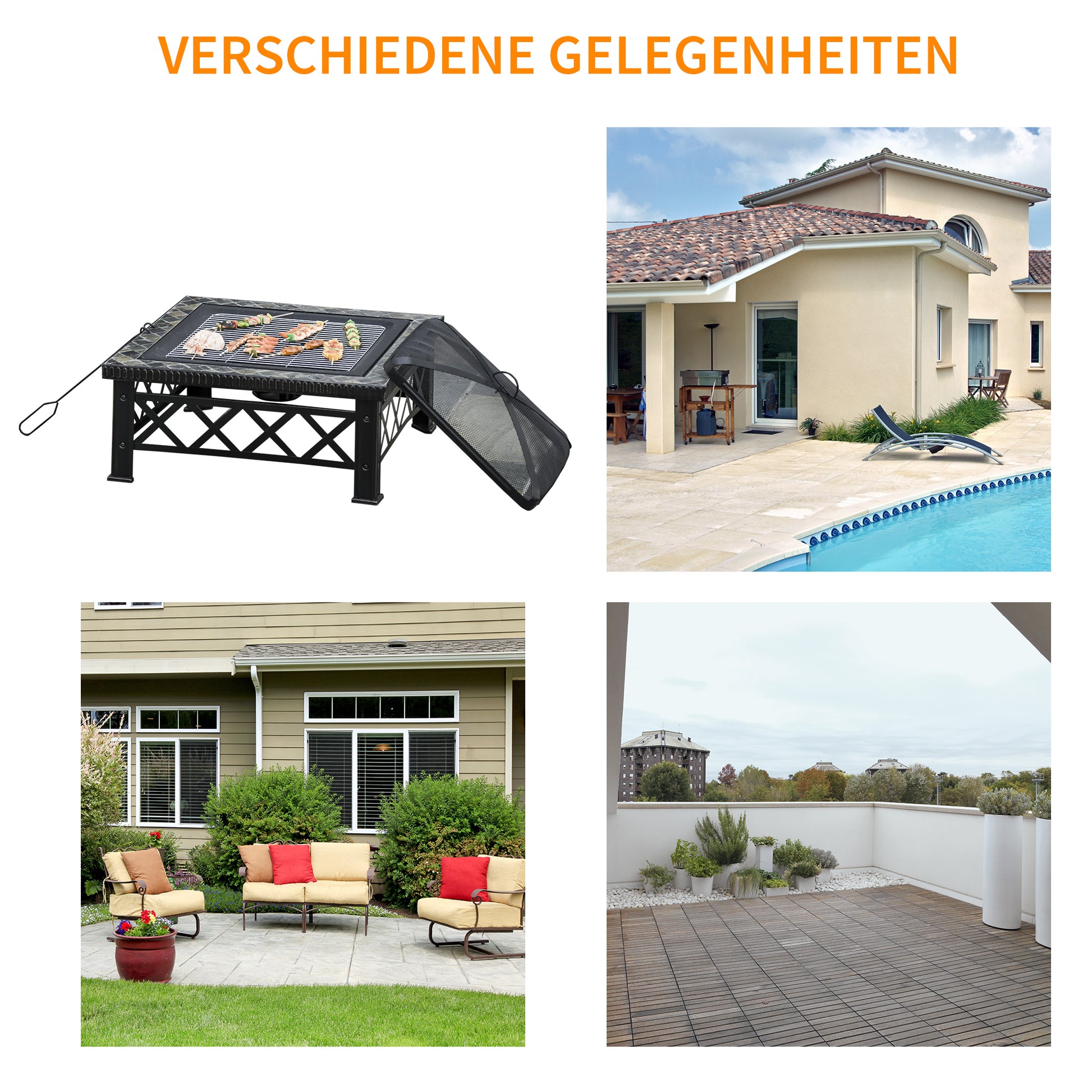 3-in-1 Fire Pit Fire Basket Fire Pit with Spark Protection Grill Grate Ice Bucket Garden BBQ Black 76cm x 76cm x 47cm
