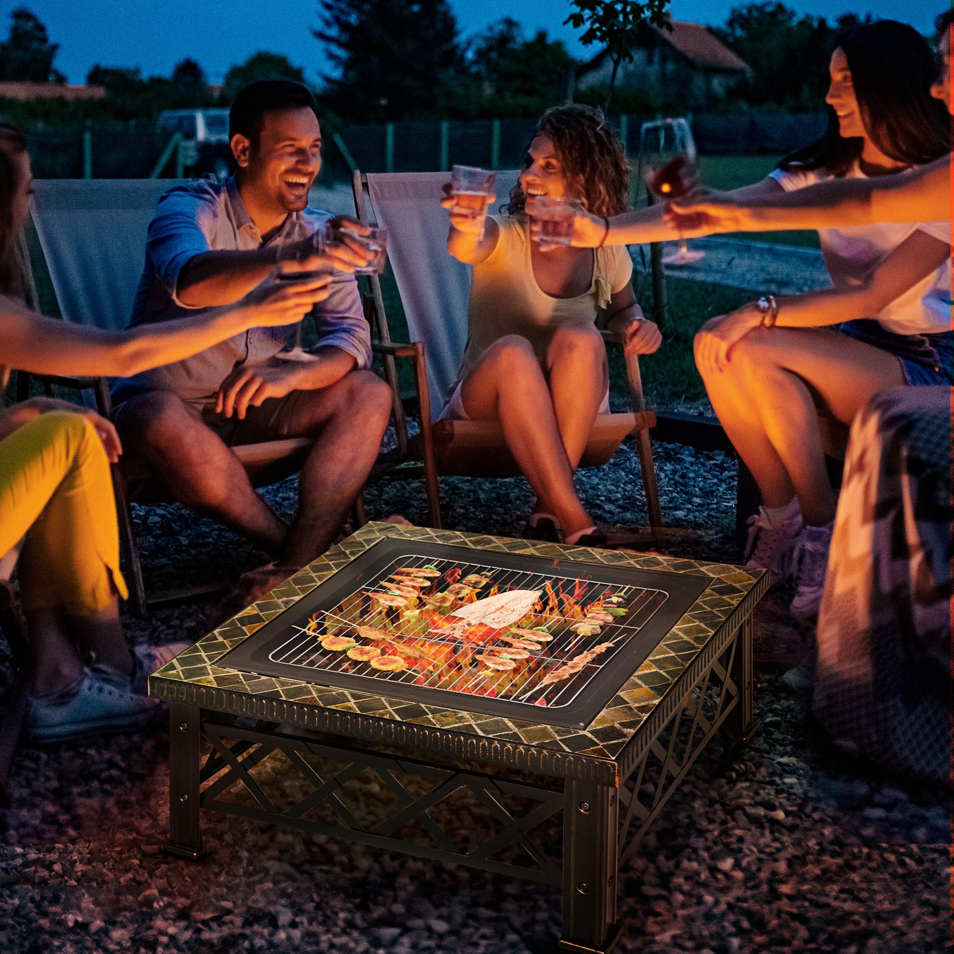 3-in-1 Fire Pit Fire Basket Fire Pit with Spark Protection Grill Grate Ice Bucket Garden BBQ Black 76cm x 76cm x 47cm