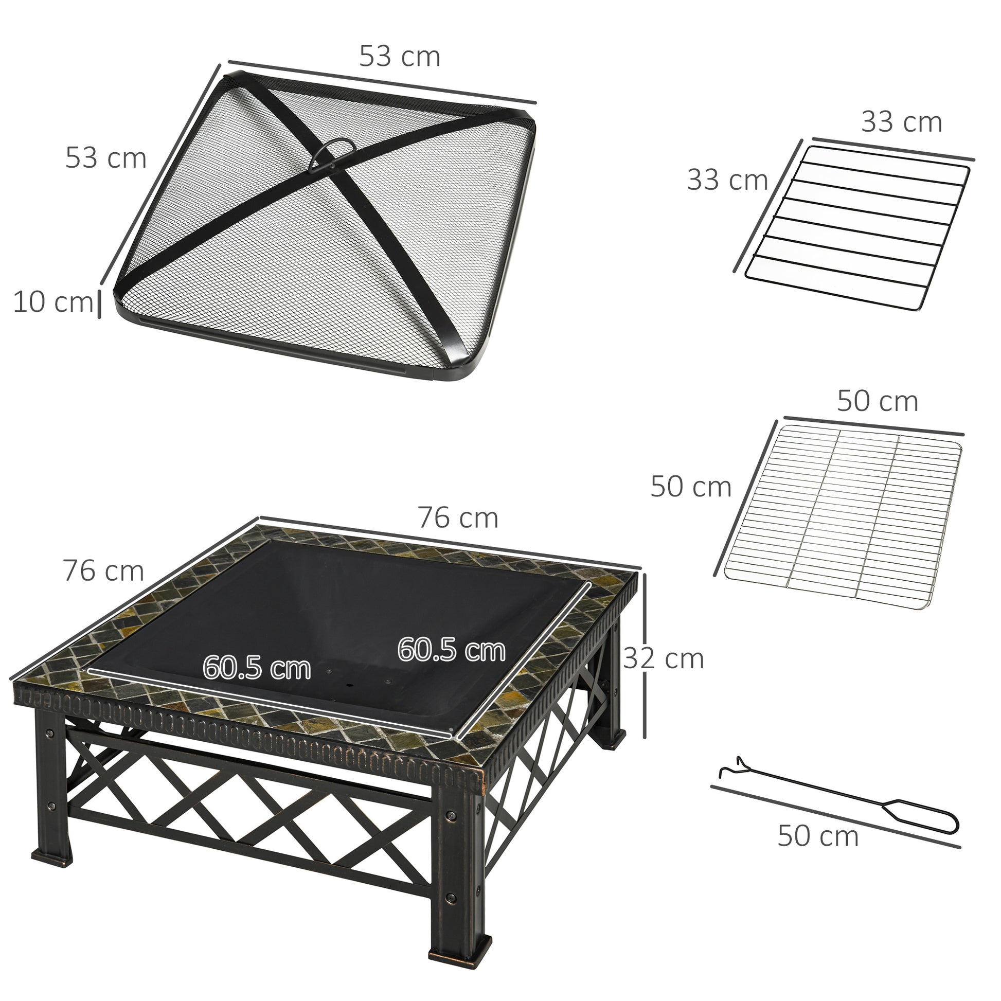 3-in-1 Fire Pit Fire Basket Fire Pit with Spark Protection Grill Grate Ice Bucket Garden BBQ Black 76cm x 76cm x 47cm