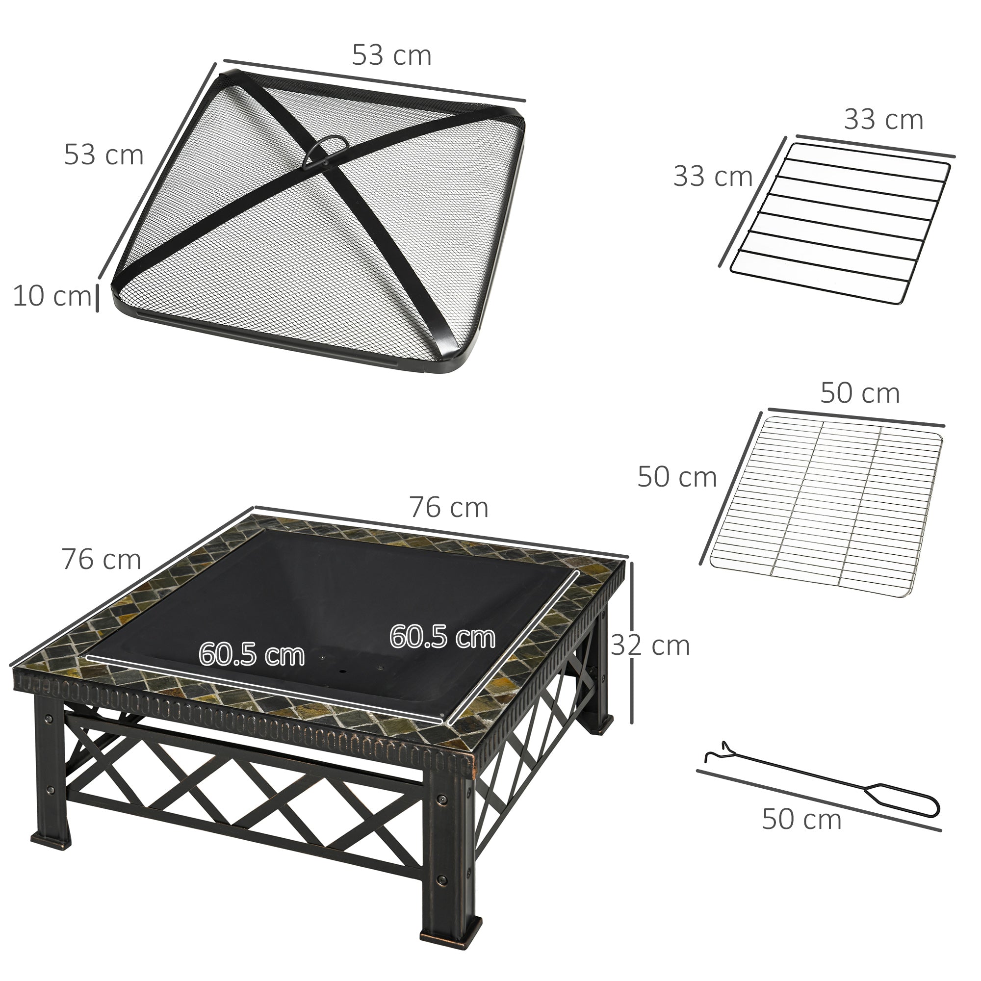 3-in-1 Fire Pit Fire Basket Fire Pit with Spark Protection Grill Grate Ice Bucket Garden BBQ Black 76cm x 76cm x 47cm