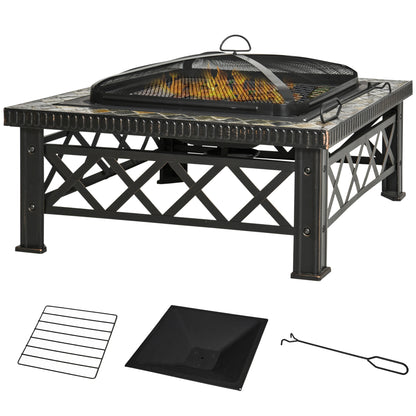 3-in-1 Fire Pit Fire Basket Fire Pit with Spark Protection Grill Grate Ice Bucket Garden BBQ Black 76cm x 76cm x 47cm