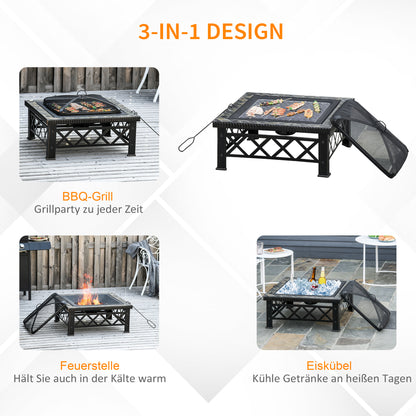 3-in-1 Fire Pit Fire Basket Fire Pit with Spark Protection Grill Grate Ice Bucket Garden BBQ Black 76cm x 76cm x 47cm