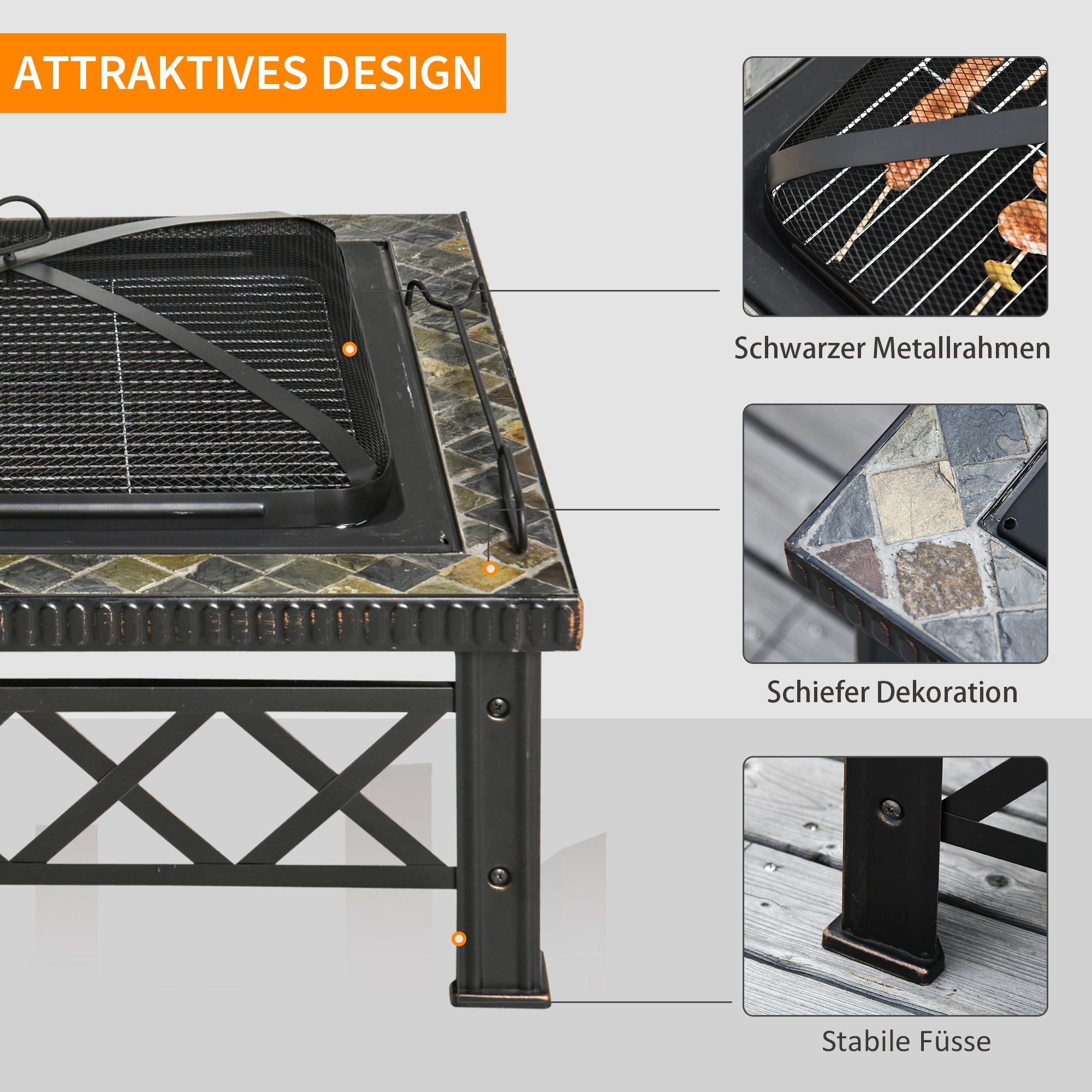 3-in-1 Fire Pit Fire Basket Fire Pit with Spark Protection Grill Grate Ice Bucket Garden BBQ Black 76cm x 76cm x 47cm