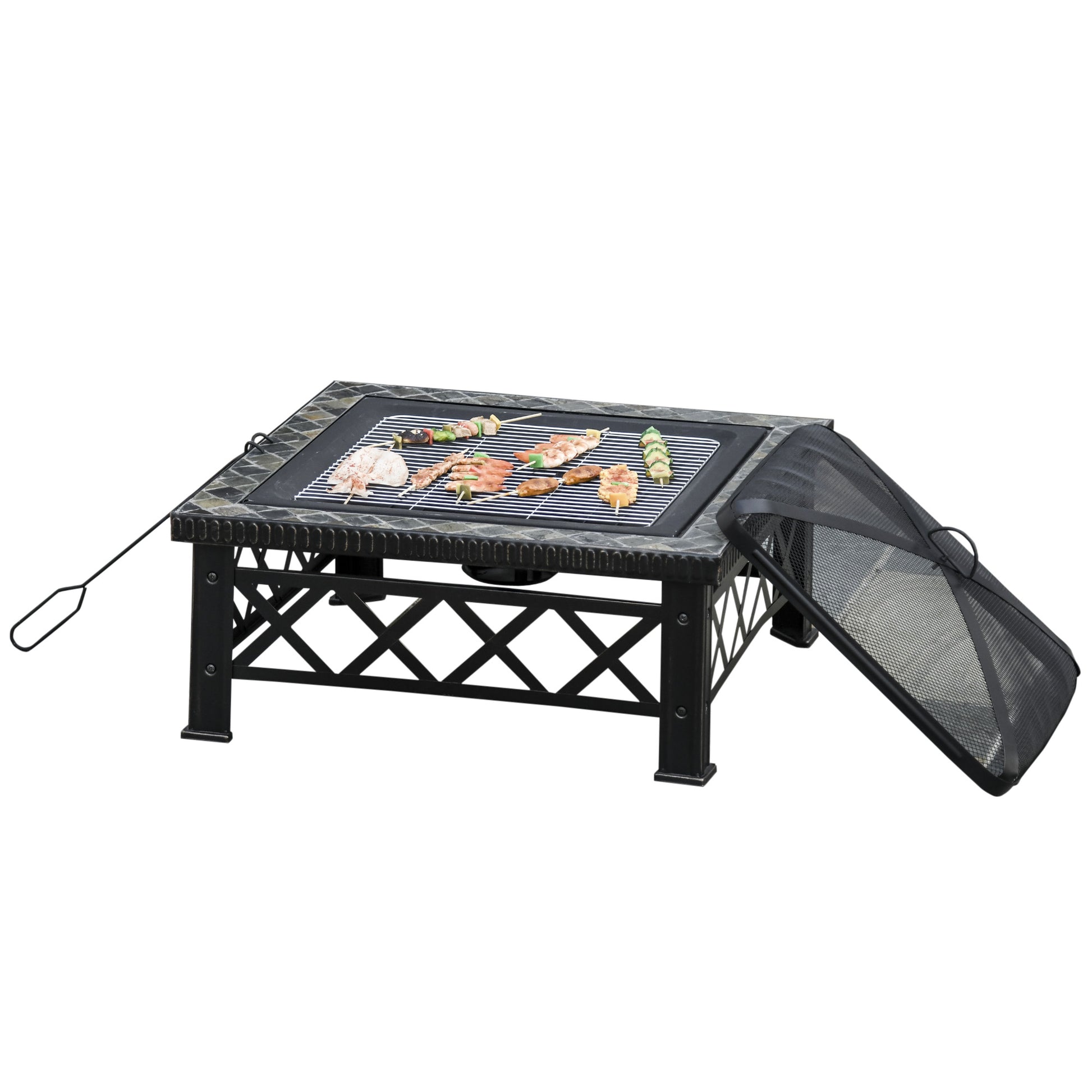 3-in-1 Fire Pit Fire Basket Fire Pit with Spark Protection Grill Grate Ice Bucket Garden BBQ Black 76cm x 76cm x 47cm
