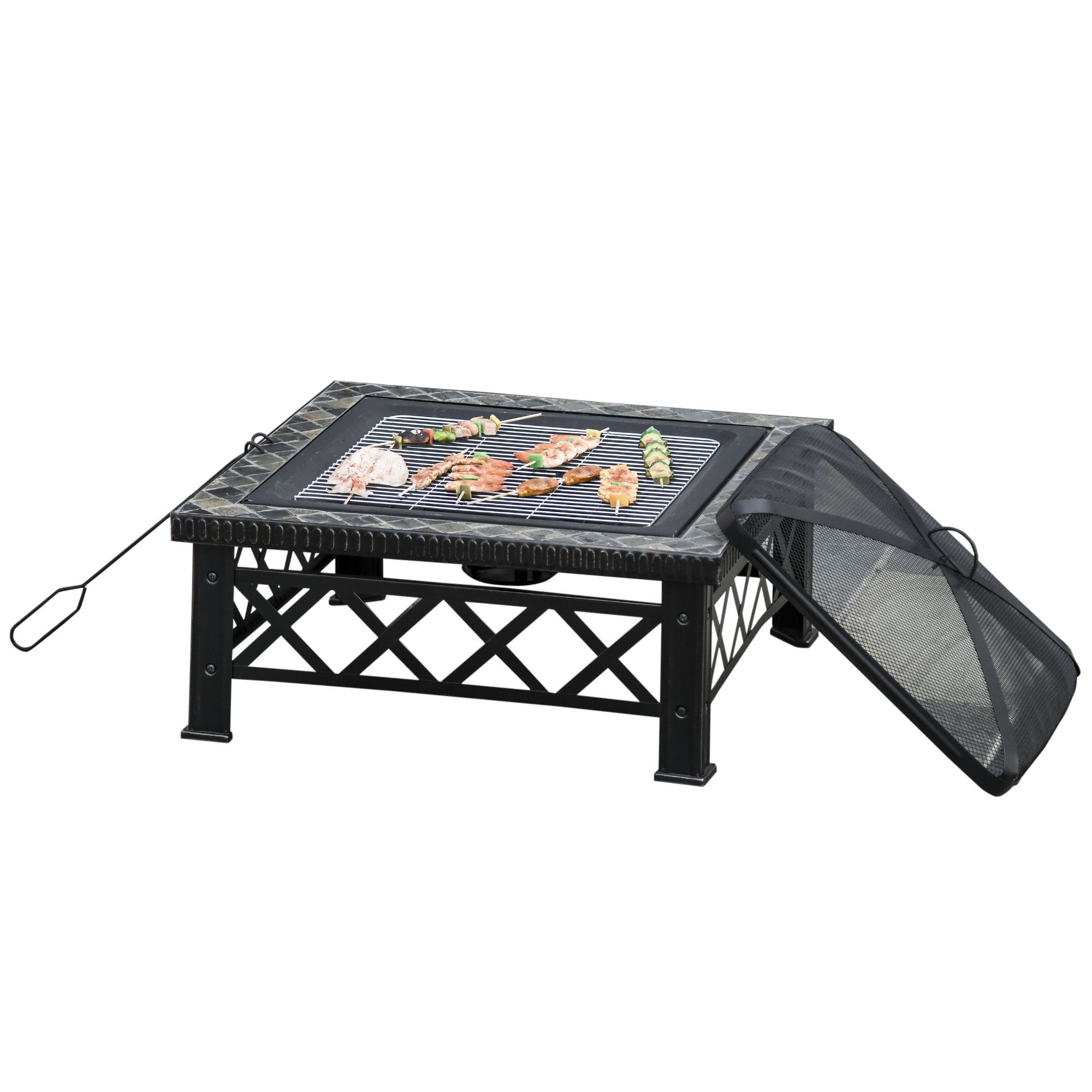 3-in-1 Fire Pit Fire Basket Fire Pit with Spark Protection Grill Grate Ice Bucket Garden BBQ Black 76cm x 76cm x 47cm