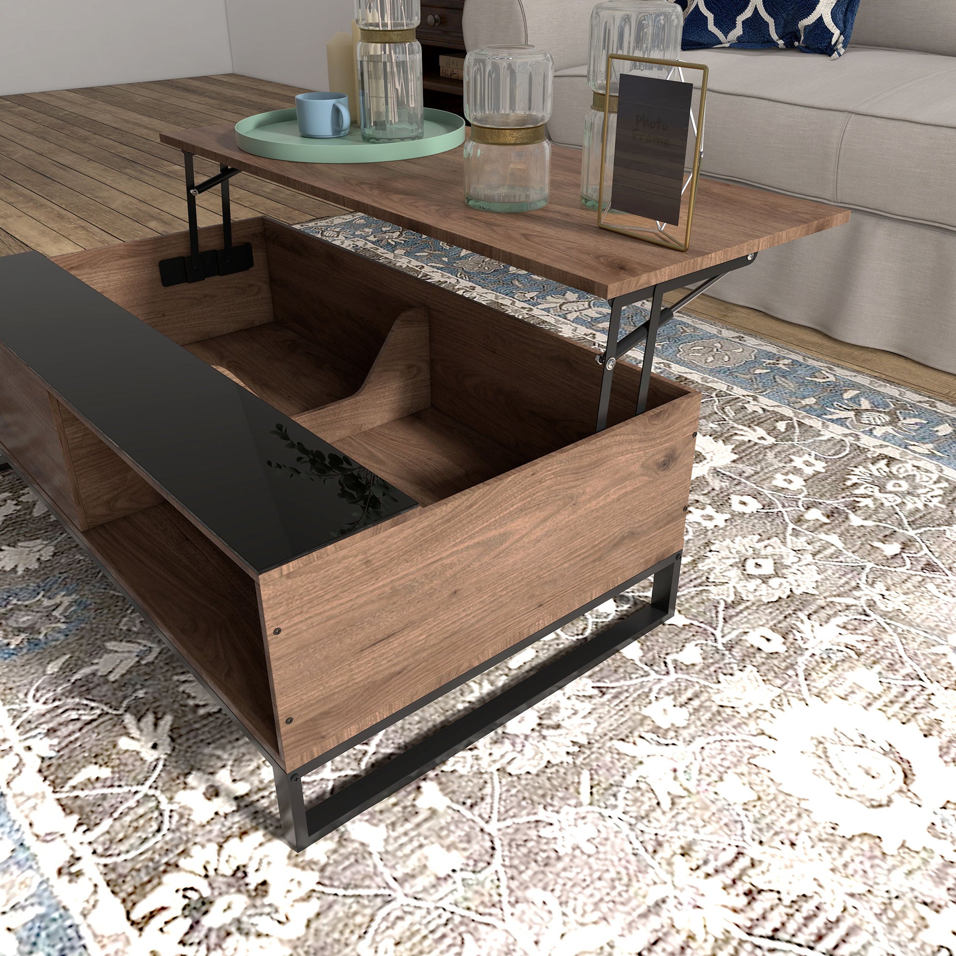 Coffee Table, Side Table with Adjustable Plate, Sofa Table with Storage, Coffee Table in Modern Design, for Living Room, Office, Steel, Walnut, Black, 102 x 58 x 35.5 cm
