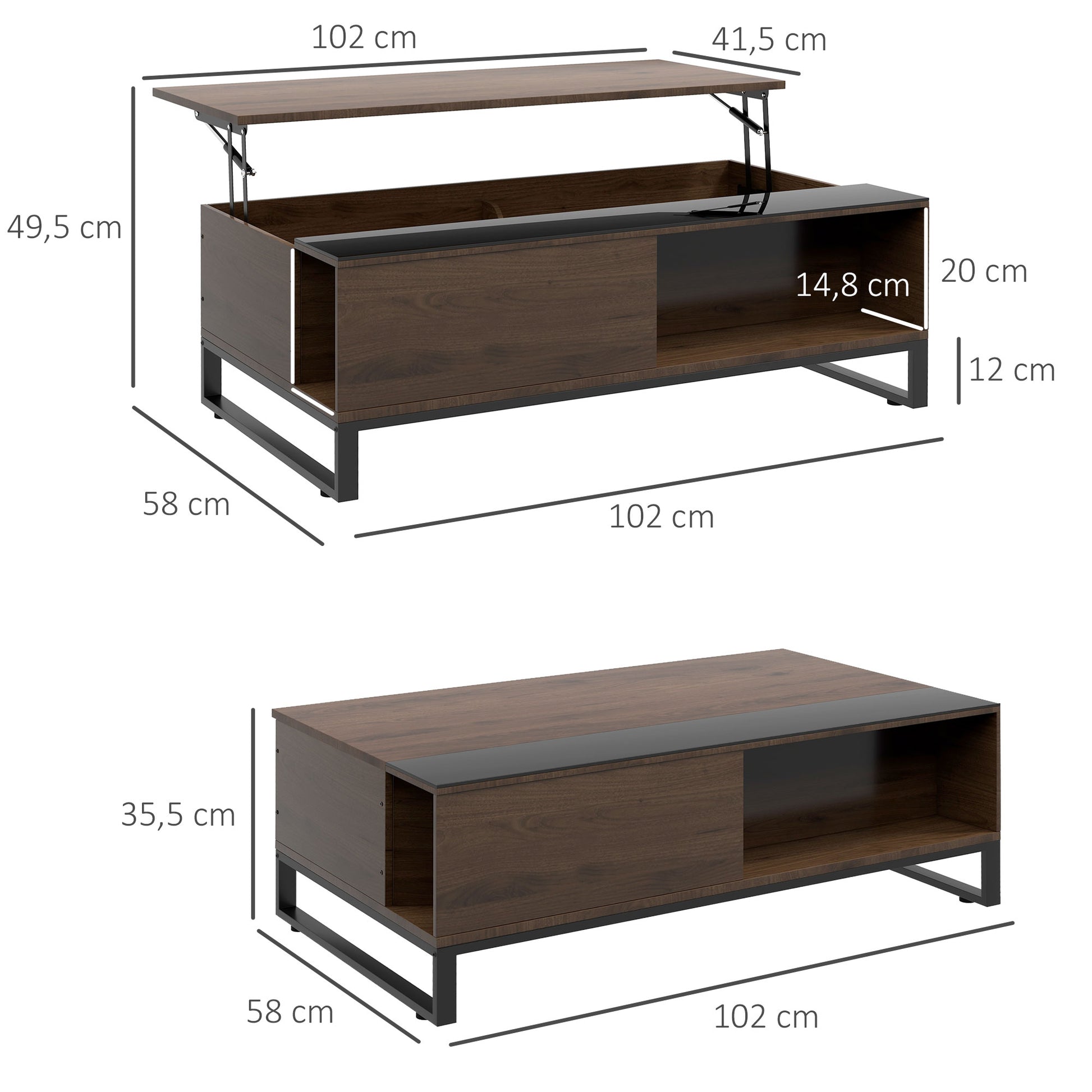 Coffee Table, Side Table with Adjustable Plate, Sofa Table with Storage, Coffee Table in Modern Design, for Living Room, Office, Steel, Walnut, Black, 102 x 58 x 35.5 cm