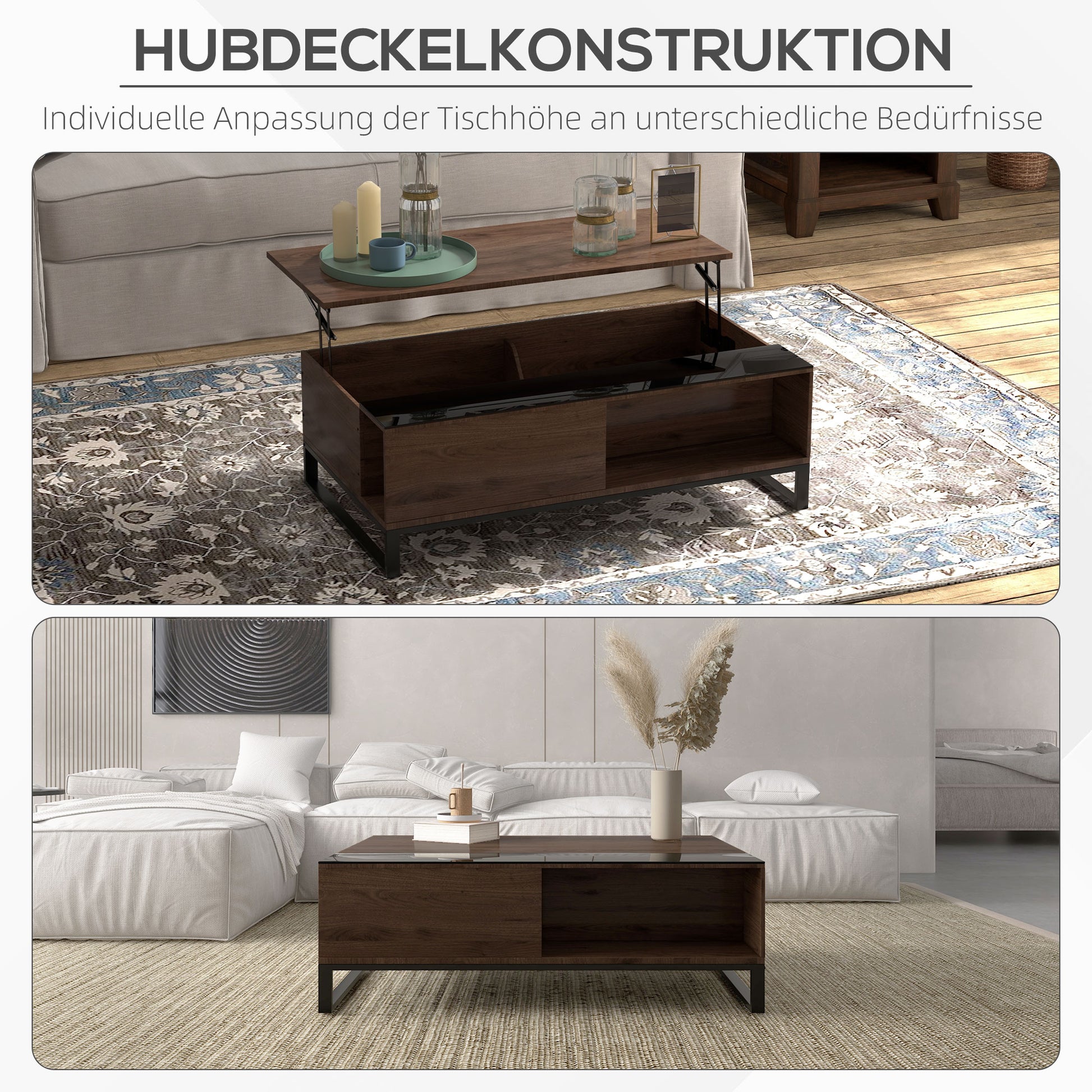 Coffee Table, Side Table with Adjustable Plate, Sofa Table with Storage, Coffee Table in Modern Design, for Living Room, Office, Steel, Walnut, Black, 102 x 58 x 35.5 cm