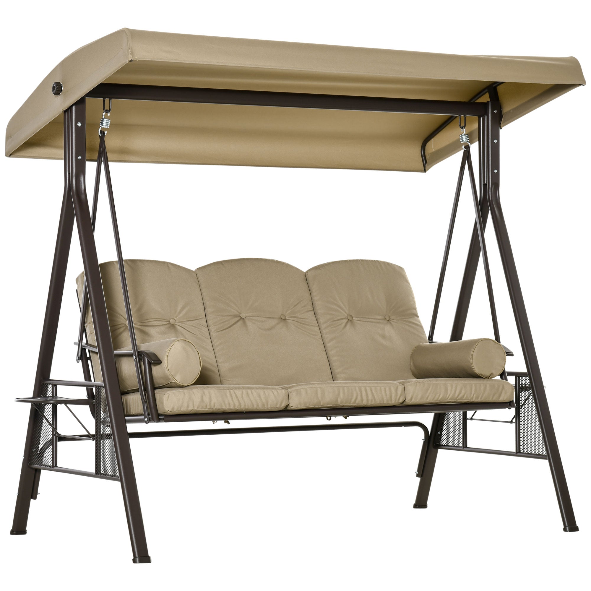 3-Seater Hollywood Swing Garden Swing with Sun Canopy Cushion Metal Polyester Khaki 116 x 206 x 183 cm