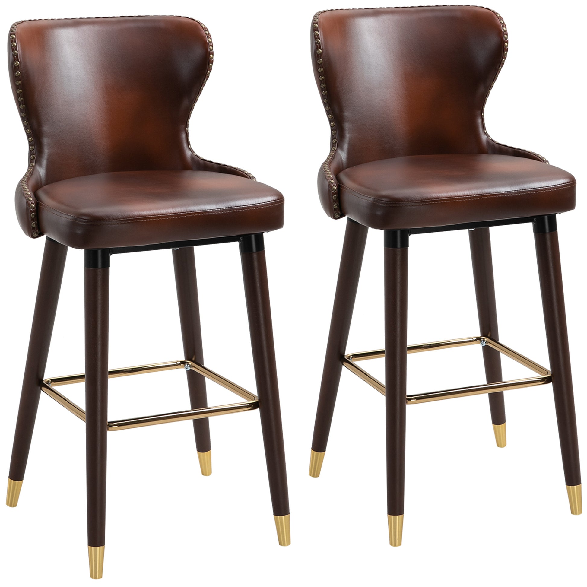 Set of 2 High Bar Stools in Industrial Style with Backrest and Footrest, Faux Leather Seat and Wooden Legs, Vintage Stools for Kitchen and Restaurant, 52x53x101cm