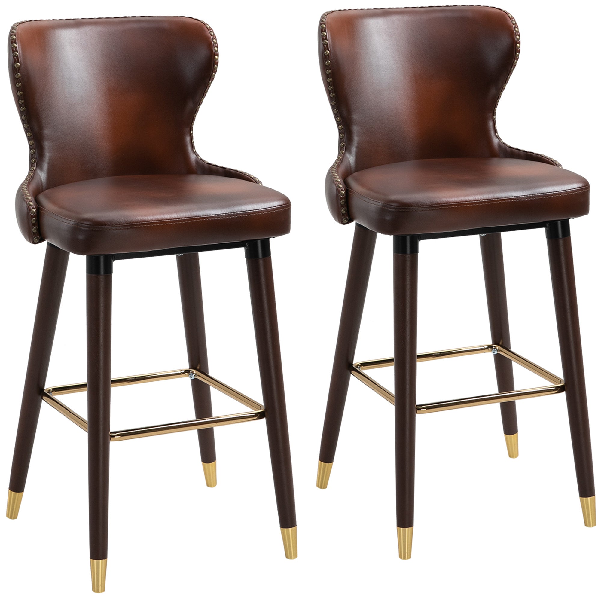 Set of 2 High Bar Stools in Industrial Style with Backrest and Footrest, Faux Leather Seat and Wooden Legs, Vintage Stools for Kitchen and Restaurant, 52x53x101cm
