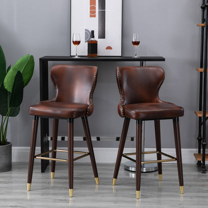 Set of 2 High Bar Stools in Industrial Style with Backrest and Footrest, Faux Leather Seat and Wooden Legs, Vintage Stools for Kitchen and Restaurant, 52x53x101cm