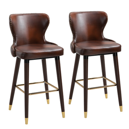 Set of 2 High Bar Stools in Industrial Style with Backrest and Footrest, Faux Leather Seat and Wooden Legs, Vintage Stools for Kitchen and Restaurant, 52x53x101cm