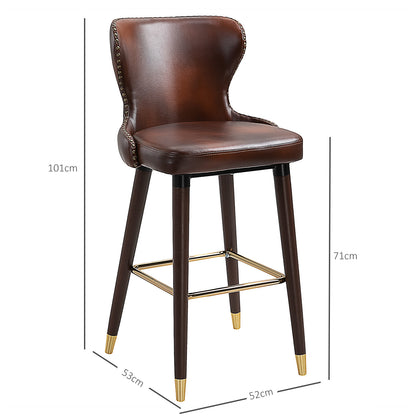 Set of 2 High Bar Stools in Industrial Style with Backrest and Footrest, Faux Leather Seat and Wooden Legs, Vintage Stools for Kitchen and Restaurant, 52x53x101cm