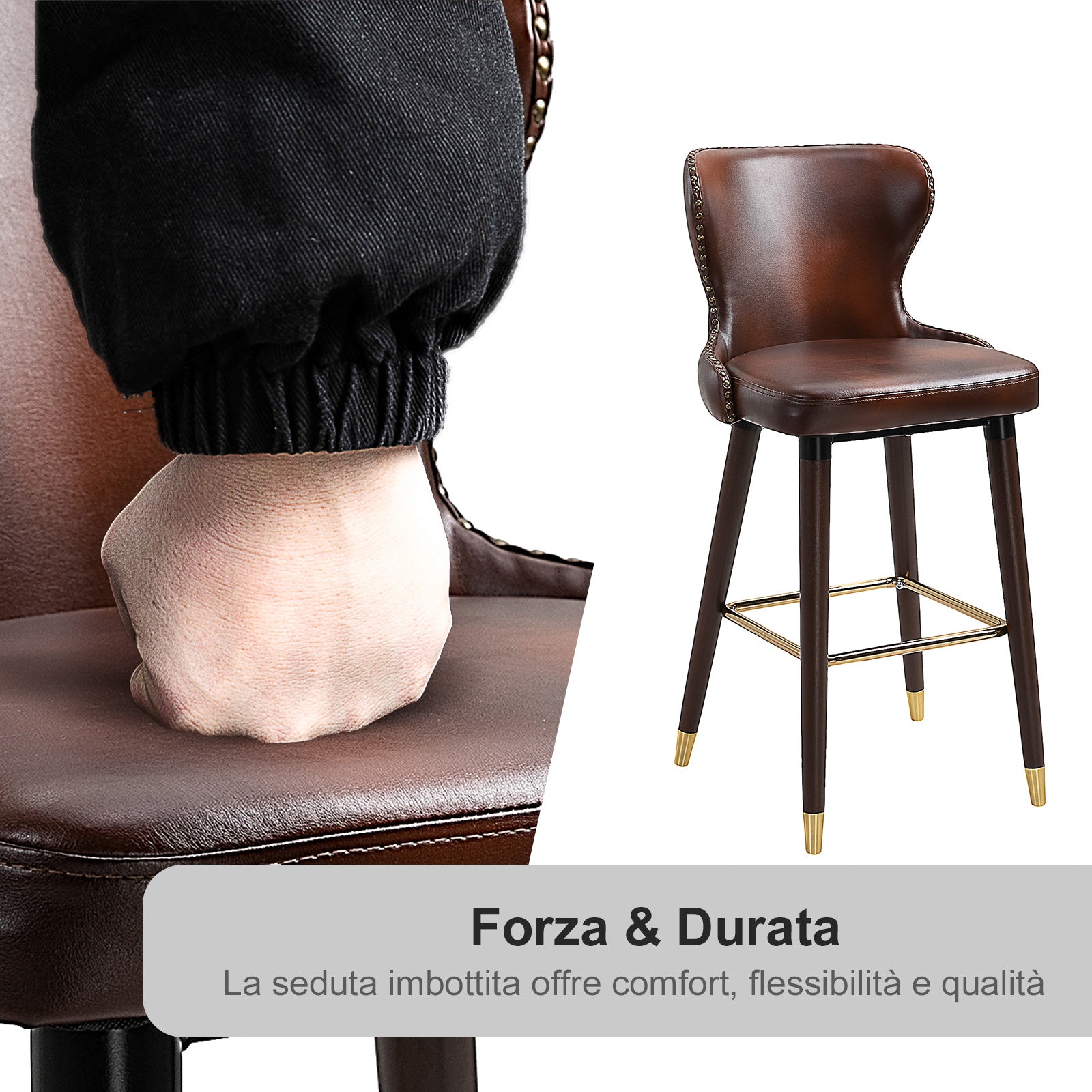 Set of 2 High Bar Stools in Industrial Style with Backrest and Footrest, Faux Leather Seat and Wooden Legs, Vintage Stools for Kitchen and Restaurant, 52x53x101cm