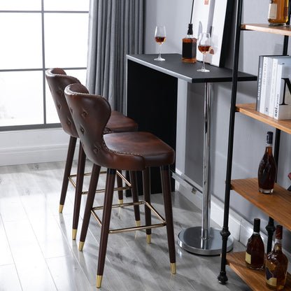 Set of 2 High Bar Stools in Industrial Style with Backrest and Footrest, Faux Leather Seat and Wooden Legs, Vintage Stools for Kitchen and Restaurant, 52x53x101cm