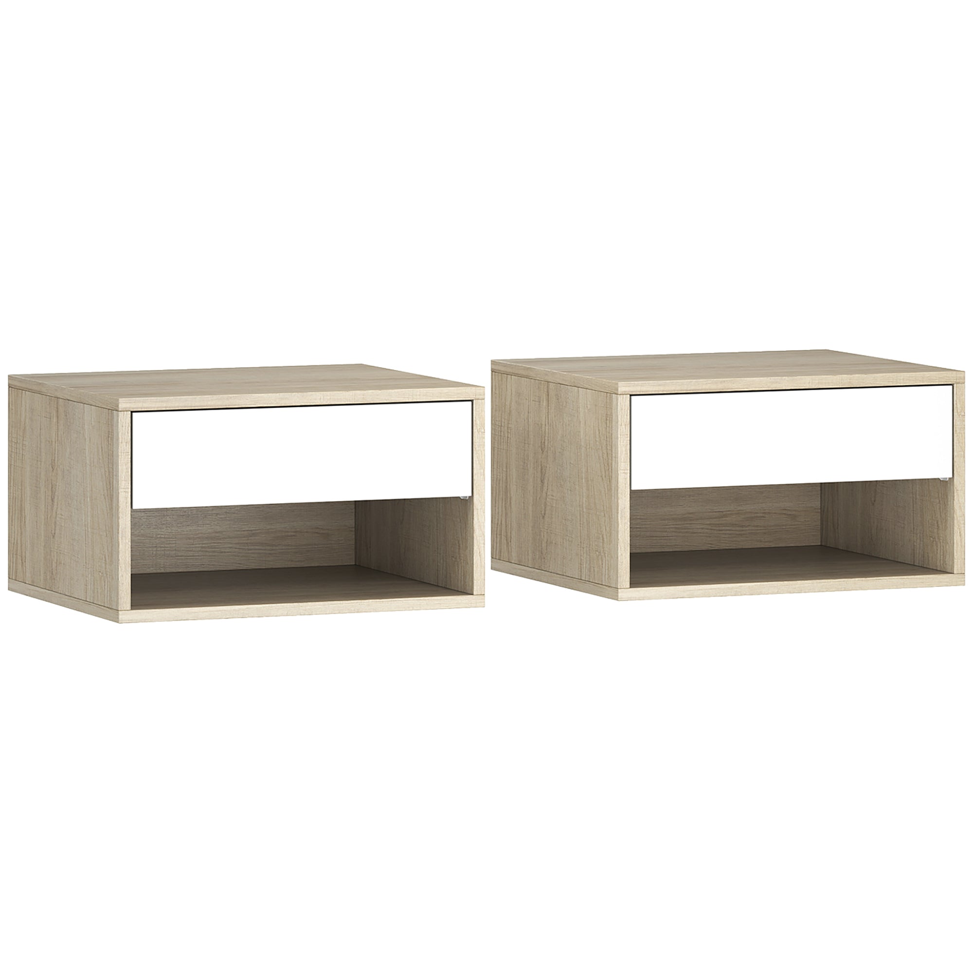 Set of 2 Floating Nightstands — Wall-Mounted Nightstands with Drawer & Open Shelf, Modern, 14.6 x 12.6 x 8.3 in, Natural Wood & White