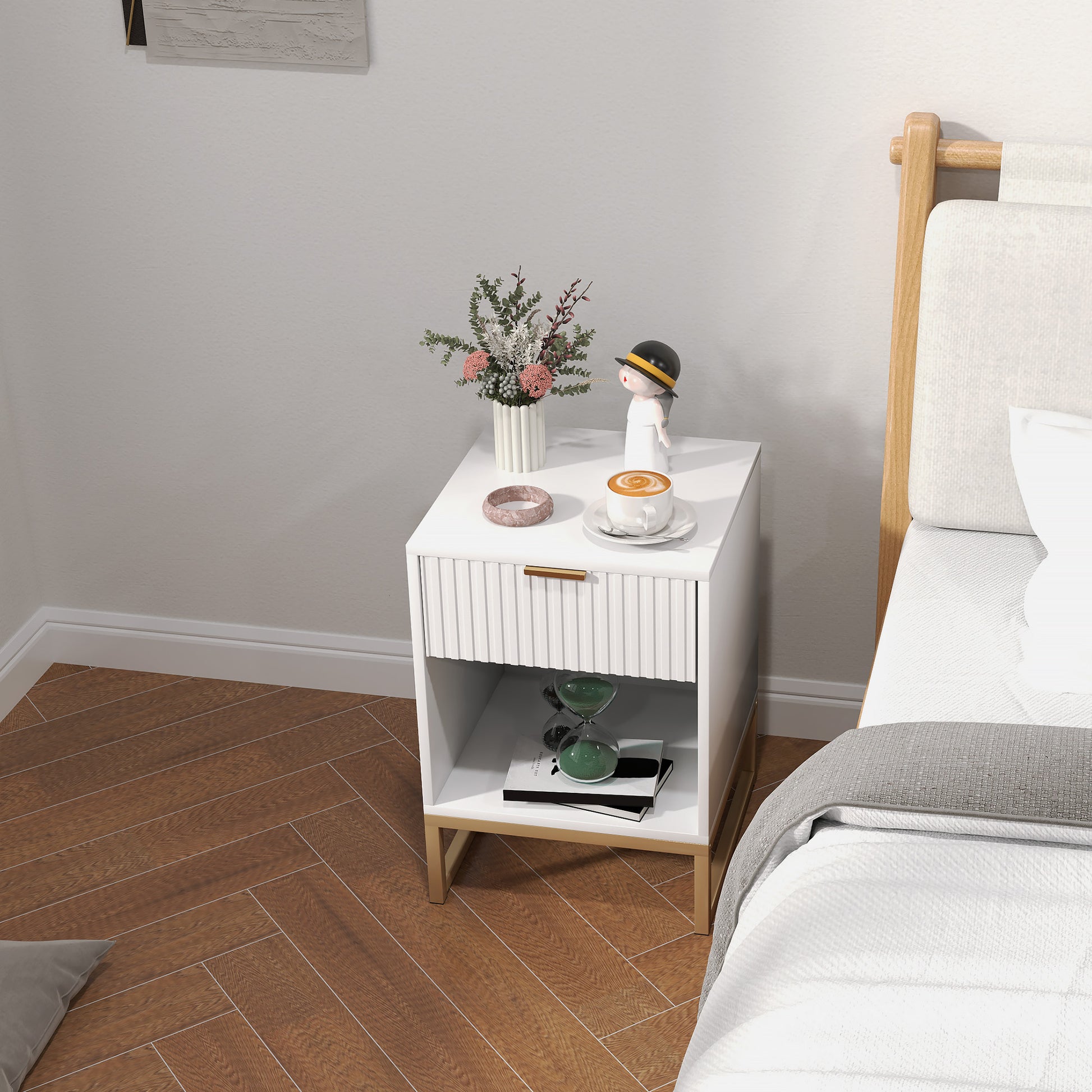 Bedside Table Side Table with Drawer, Handle, Open Shelf, Sofa Table Bedside Cabinet for Living Room, Bedroom, White, 40 x 40 x 57 cm