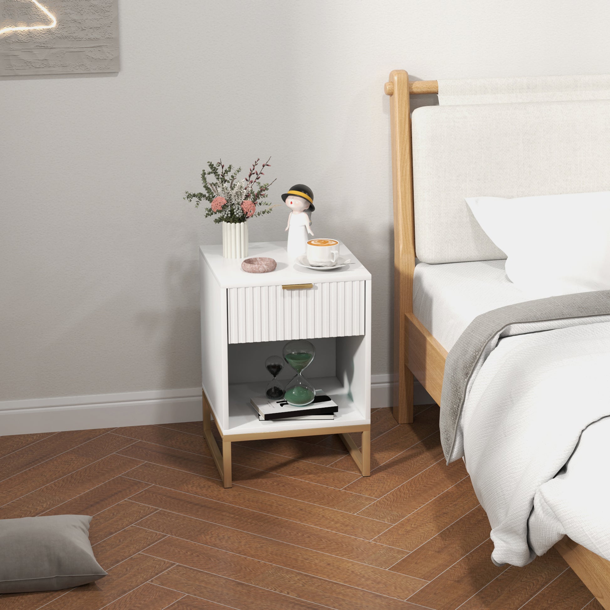 Bedside Table Side Table with Drawer, Handle, Open Shelf, Sofa Table Bedside Cabinet for Living Room, Bedroom, White, 40 x 40 x 57 cm