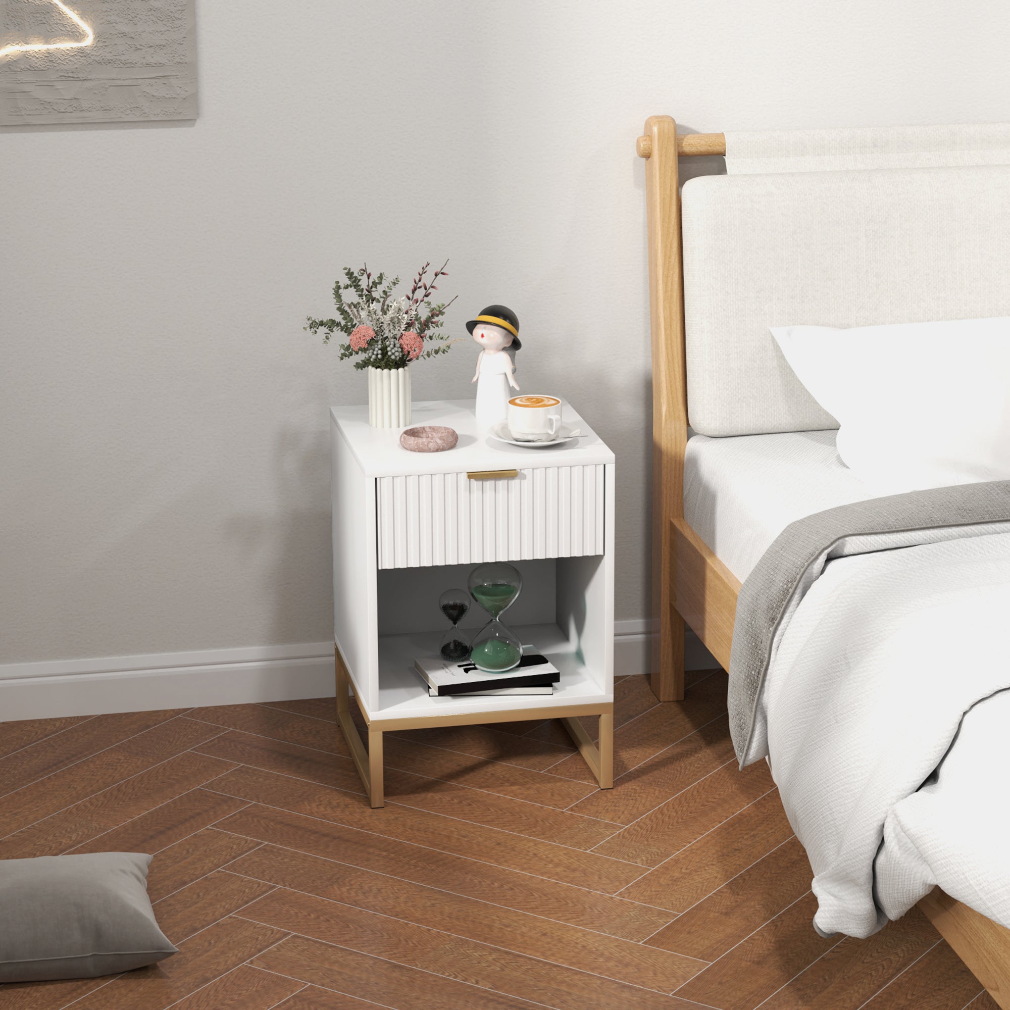 Bedside Table Side Table with Drawer, Handle, Open Shelf, Sofa Table Bedside Cabinet for Living Room, Bedroom, White, 40 x 40 x 57 cm