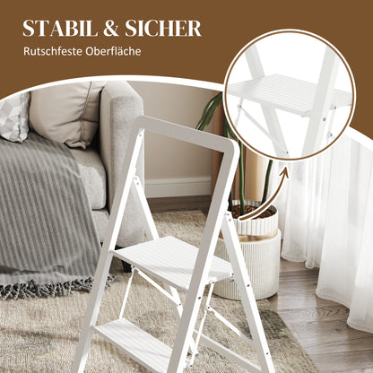 Step Ladder Stand with 2 Steps Anti-Slip Folding Step Stool with Handle up to 150 kg Load Lightweight Aluminum Ladder 41.5 x 49.7 x 82.6 cm White