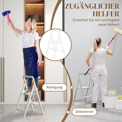 Step Ladder Stand with 2 Steps Anti-Slip Folding Step Stool with Handle up to 150 kg Load Lightweight Aluminum Ladder 41.5 x 49.7 x 82.6 cm White