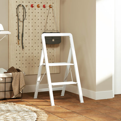 Step Ladder Stand with 2 Steps Anti-Slip Folding Step Stool with Handle up to 150 kg Load Lightweight Aluminum Ladder 41.5 x 49.7 x 82.6 cm White