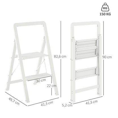 Step Ladder Stand with 2 Steps Anti-Slip Folding Step Stool with Handle up to 150 kg Load Lightweight Aluminum Ladder 41.5 x 49.7 x 82.6 cm White