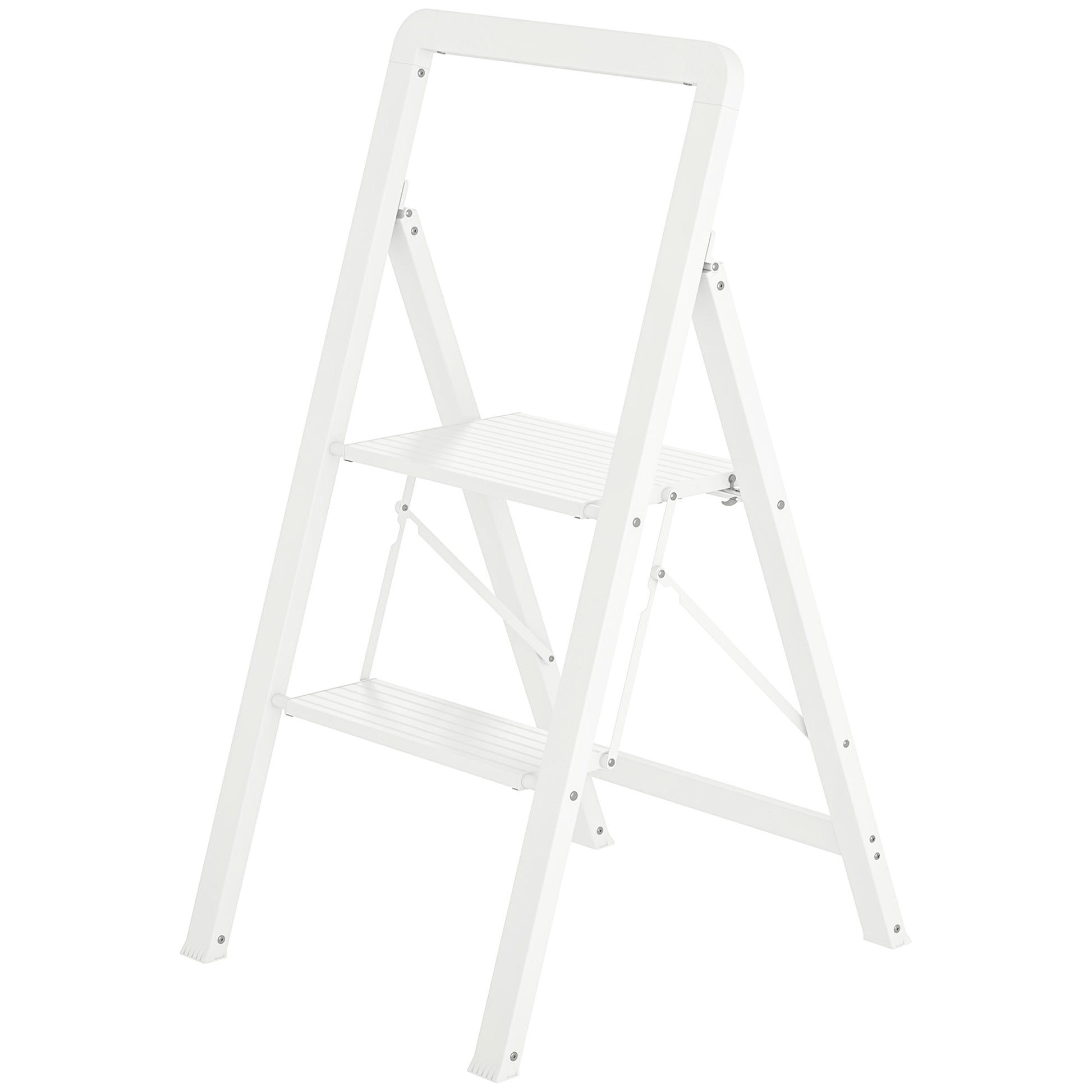 Step Ladder Stand with 2 Steps Anti-Slip Folding Step Stool with Handle up to 150 kg Load Lightweight Aluminum Ladder 41.5 x 49.7 x 82.6 cm White