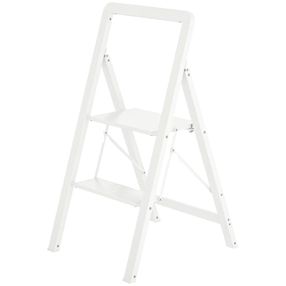 Step Ladder Stand with 2 Steps Anti-Slip Folding Step Stool with Handle up to 150 kg Load Lightweight Aluminum Ladder 41.5 x 49.7 x 82.6 cm White