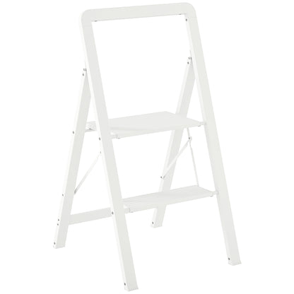Step Ladder Stand with 2 Steps Anti-Slip Folding Step Stool with Handle up to 150 kg Load Lightweight Aluminum Ladder 41.5 x 49.7 x 82.6 cm White
