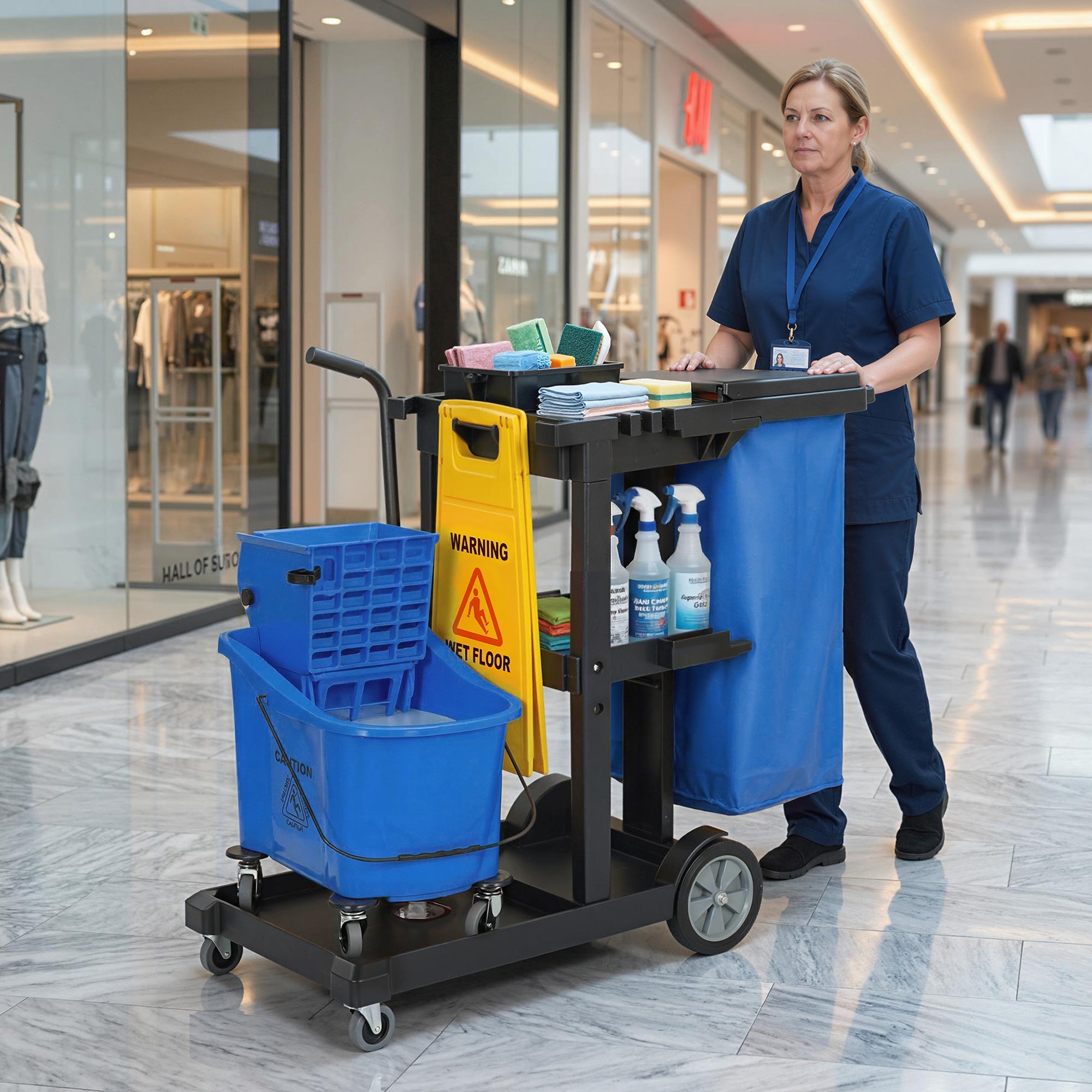 Janitorial Cart Cleaning Trolley with 3 Tiers, 70 L Trash Bag with Lid, Casters, Wringer Mop Bucket, Tool Holders & Wet Floor Sign for Hotels, Malls, Offices — 122 x 46.5 x 101 cm (48 x 18.3 x 39.8 in)