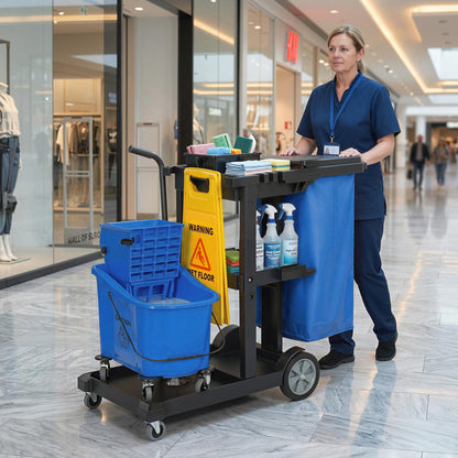 Janitorial Cart Cleaning Trolley with 3 Tiers, 70 L Trash Bag with Lid, Casters, Wringer Mop Bucket, Tool Holders & Wet Floor Sign for Hotels, Malls, Offices — 122 x 46.5 x 101 cm (48 x 18.3 x 39.8 in)
