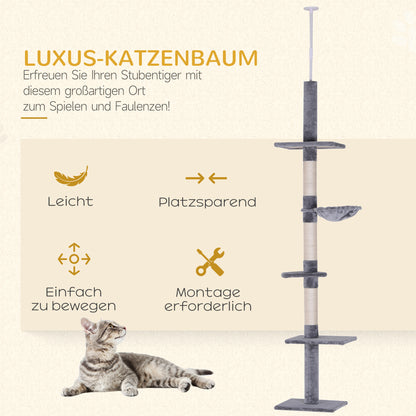 Scratching Post Ceiling High Adjustable Height, Stable Cat Tree with Sisal Columns, Cat Climbing Tree, Gray, 40 x 34 x 230-260 cm