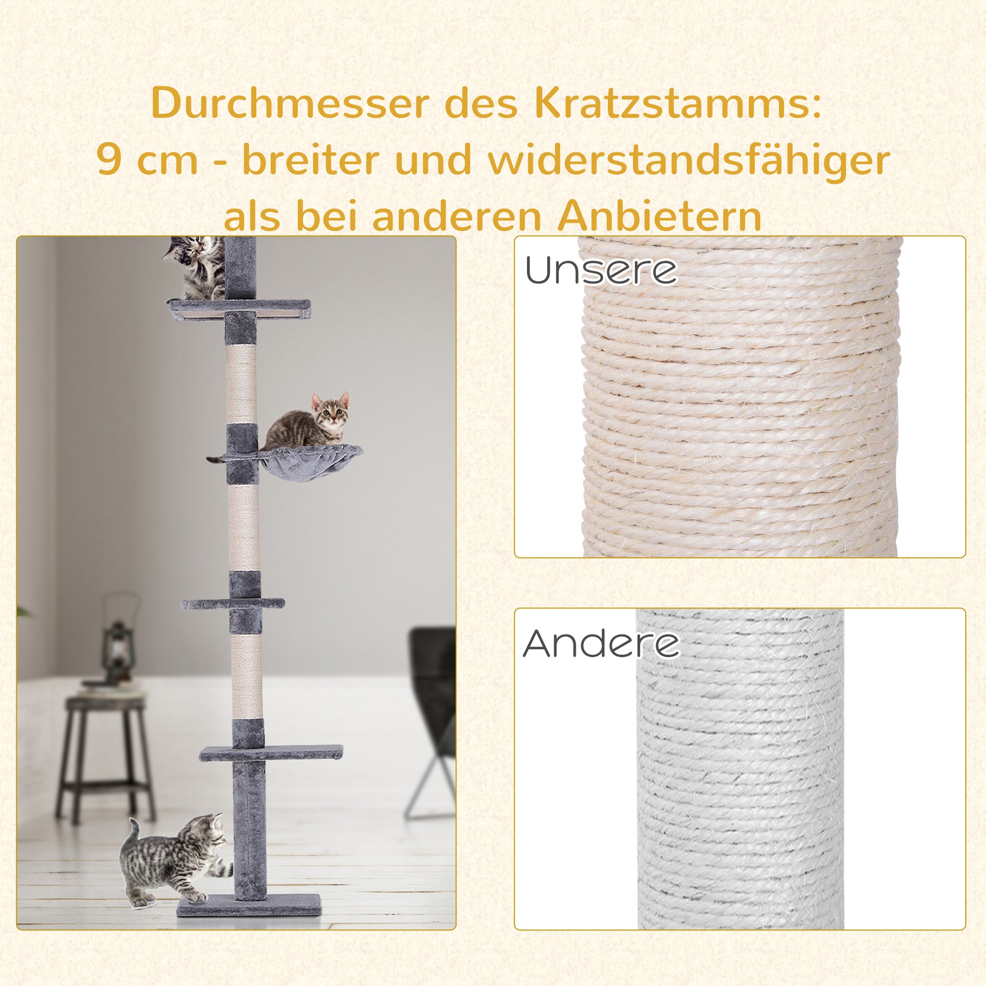 Scratching Post Ceiling High Adjustable Height, Stable Cat Tree with Sisal Columns, Cat Climbing Tree, Gray, 40 x 34 x 230-260 cm