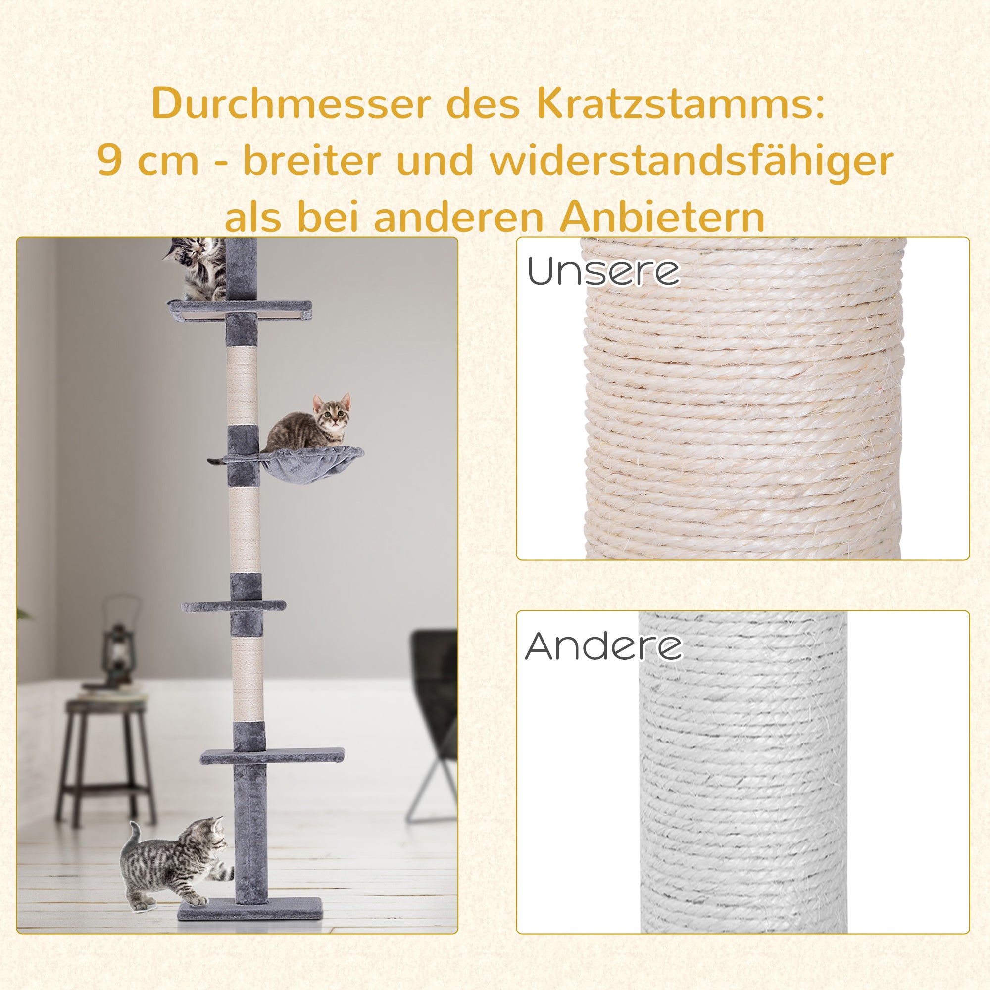 Scratching Post Ceiling High Adjustable Height, Stable Cat Tree with Sisal Columns, Cat Climbing Tree, Gray, 40 x 34 x 230-260 cm