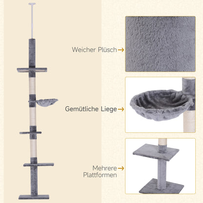 Scratching Post Ceiling High Adjustable Height, Stable Cat Tree with Sisal Columns, Cat Climbing Tree, Gray, 40 x 34 x 230-260 cm