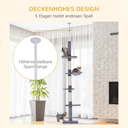 Scratching Post Ceiling High Adjustable Height, Stable Cat Tree with Sisal Columns, Cat Climbing Tree, Gray, 40 x 34 x 230-260 cm