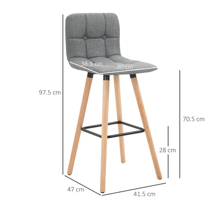 Set of 2 Bar Stools with Backrest and Footrest, Fabric Upholstered Seat and Wooden Legs, 41.5x47x97.5, Gray