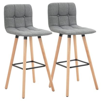 Set of 2 Bar Stools with Backrest and Footrest, Fabric Upholstered Seat and Wooden Legs, 41.5x47x97.5, Gray