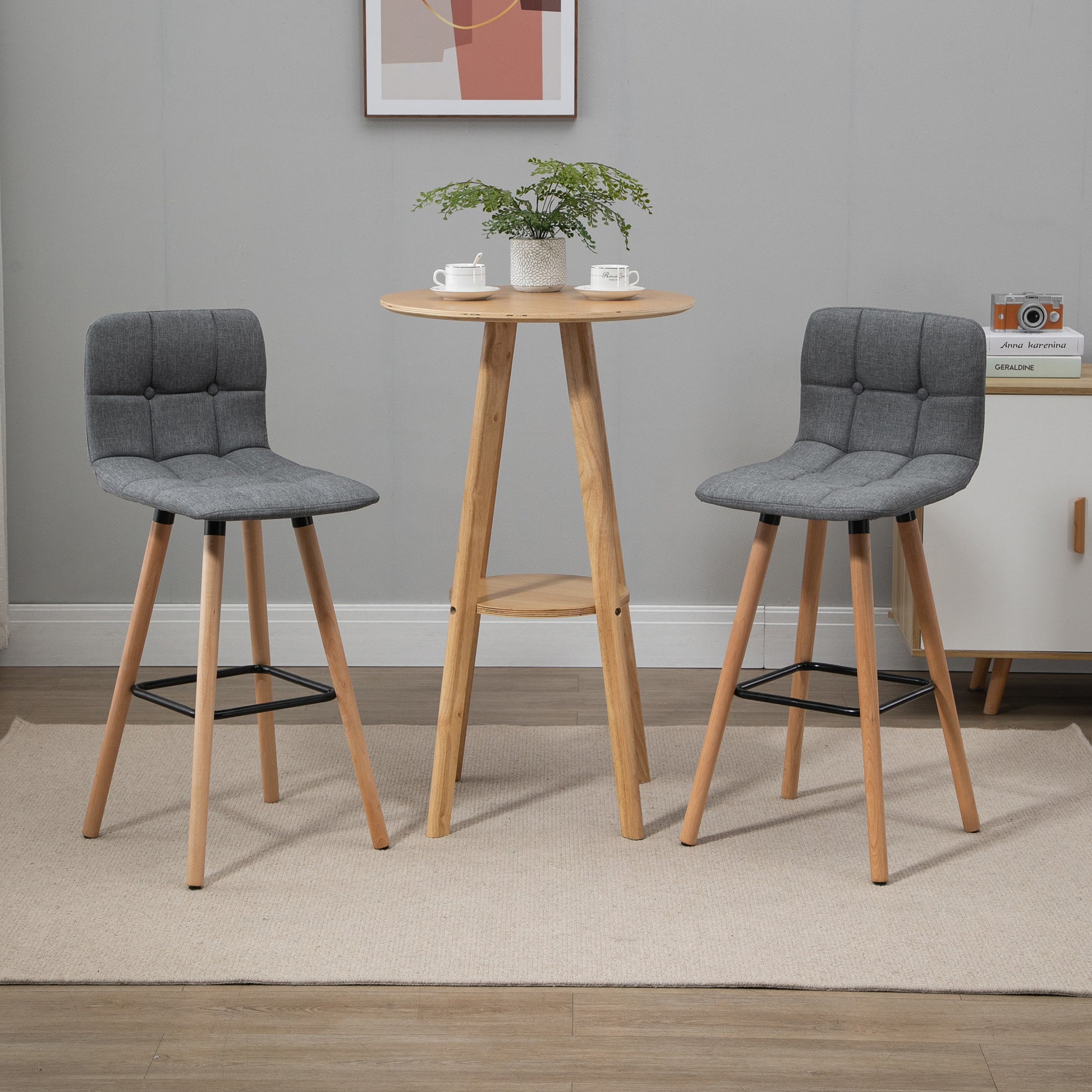 Set of 2 Bar Stools with Backrest and Footrest, Fabric Upholstered Seat and Wooden Legs, 41.5x47x97.5, Gray