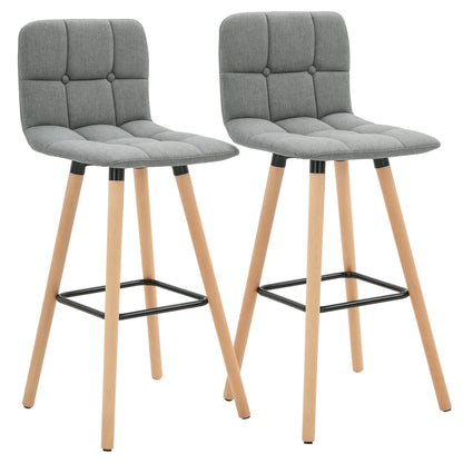 Set of 2 Bar Stools with Backrest and Footrest, Fabric Upholstered Seat and Wooden Legs, 41.5x47x97.5, Gray